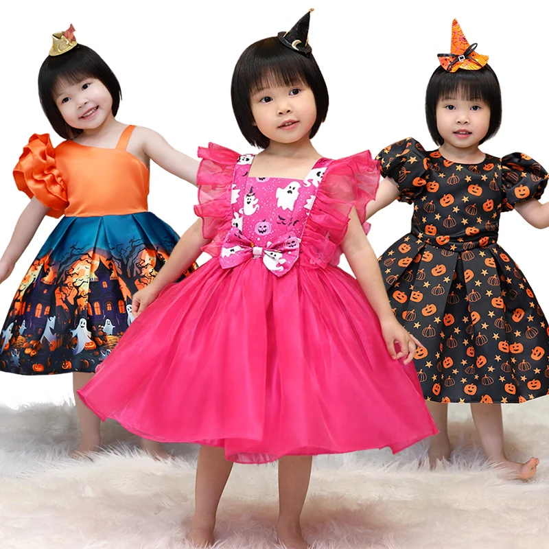 

2024 Baby Girl Ghost Pumpkin Skull Print Elegant Party Dress Toddler Halloween Cosplay Witch Masquerade Costume Infant Ball Gown