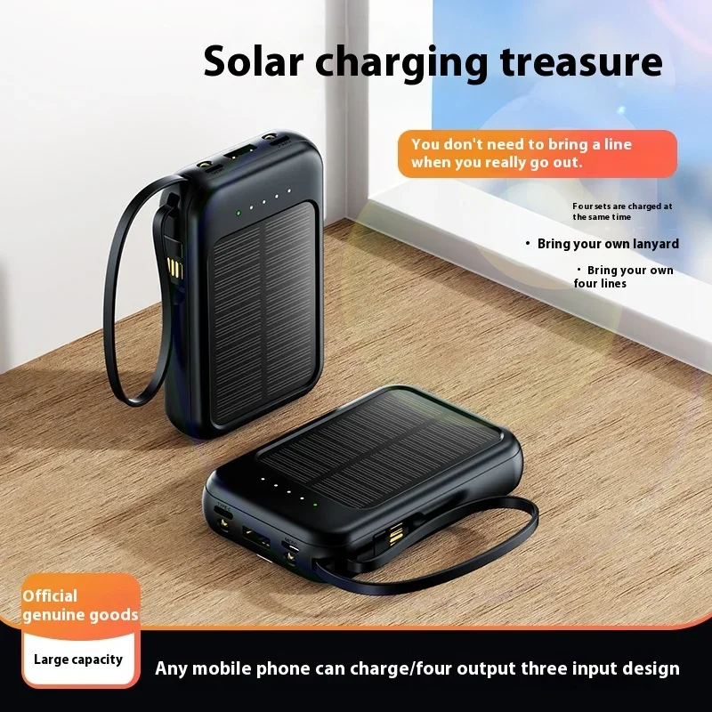 10000mAh Mini Solar Power Bank Built Cables Solar Charger 2 USB Ports External Charger Powerbank for Xiaomi with LED Light