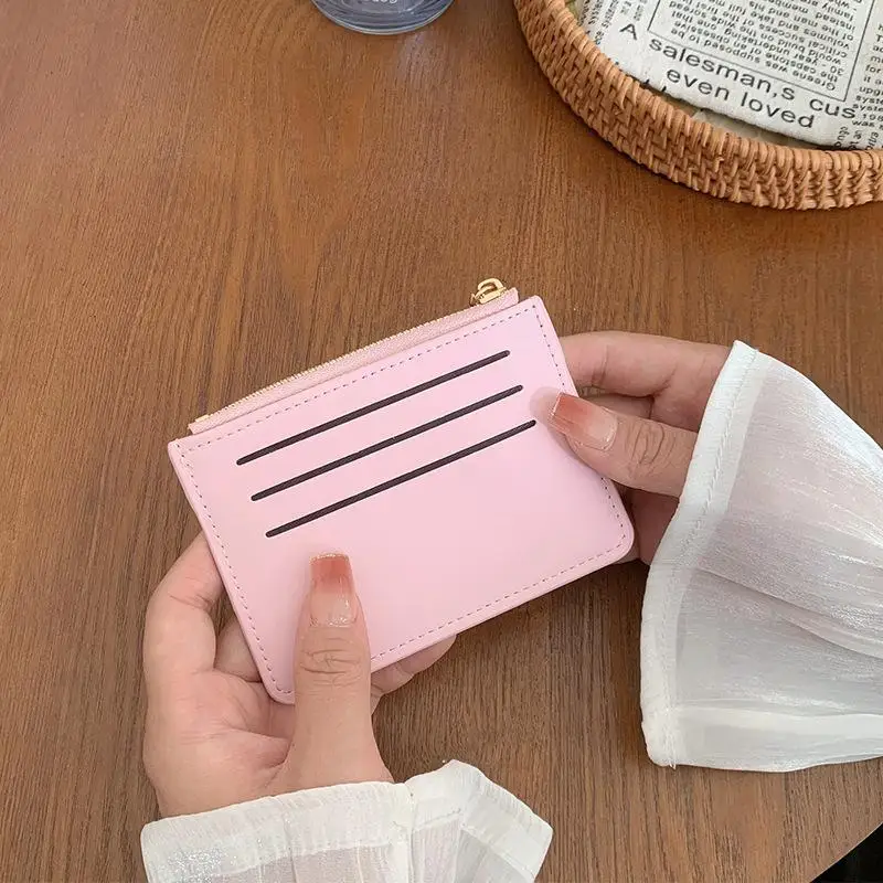 Striped PU Leather Card Holder Multiple Card Slots Zipper Pocket Keychain Large Capacity Slim Wallet for All Daily Cards Storage