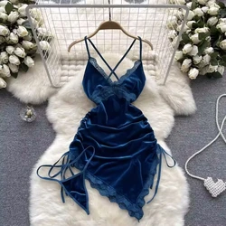 Hot V-neck Sexy Golden velvet Hollowed Lace Backless Lingerie Tie Up Waist Cinched Sleeping Dress Women Pure Slim Cosplay Dress