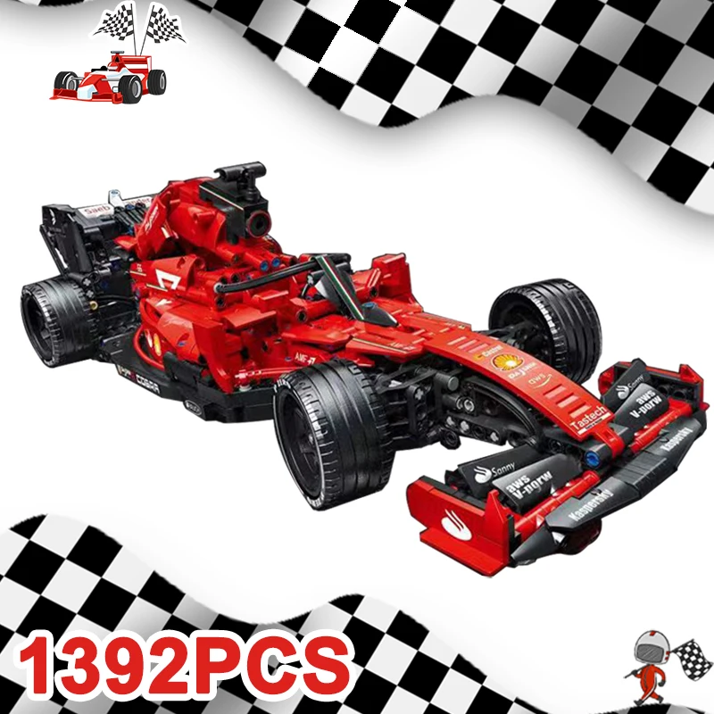 1392 Technical Red F1 Formula Racing Building Blocks Classic Car Model Creator Assemble Vehicle Bricks Toys For Boys Kids Gift