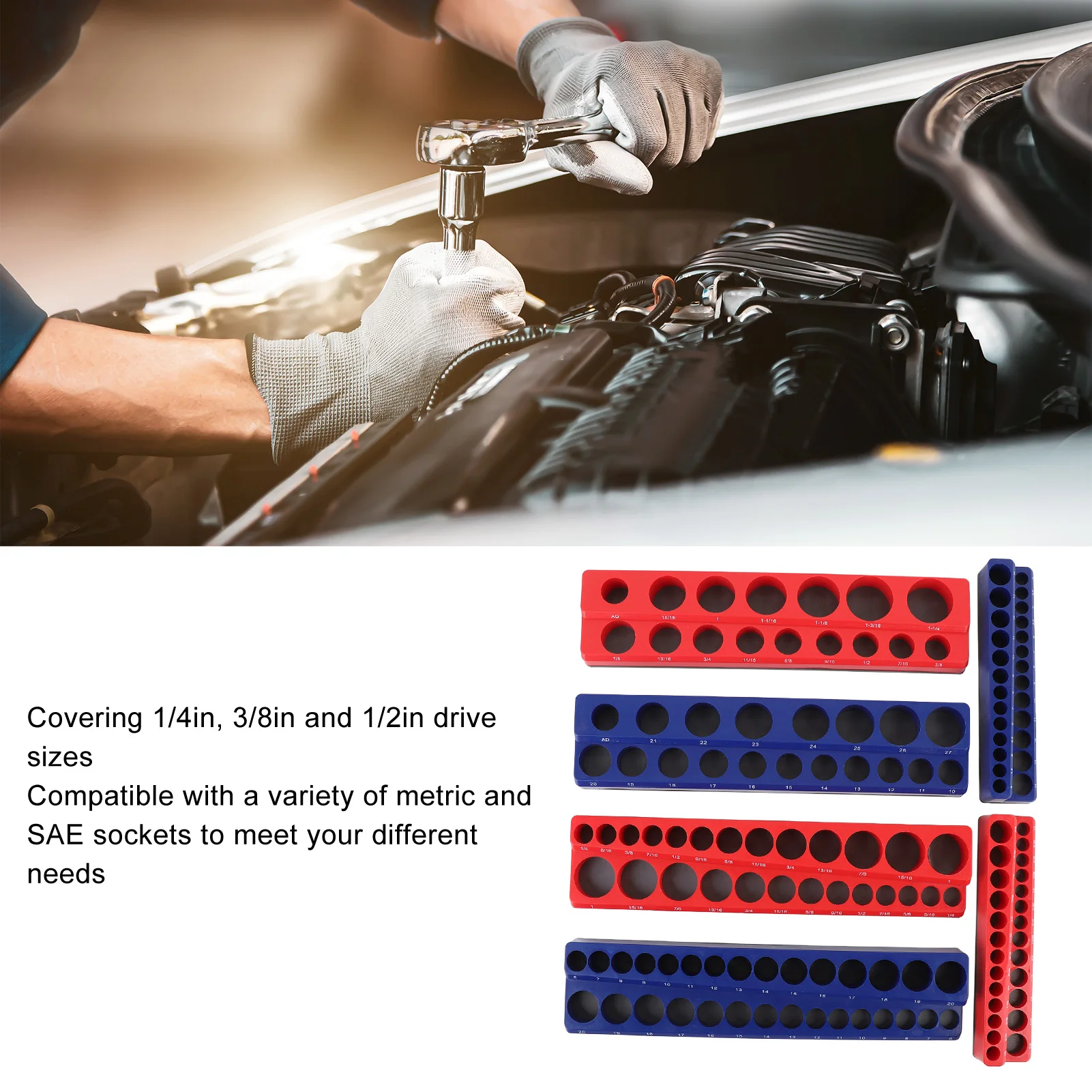 Magnetic Socket Organizer Set Strong Magnetic Multiple Sizes Space Saving for 1/4in 3/8in 1/2in Drive Magnetic Socket Tray