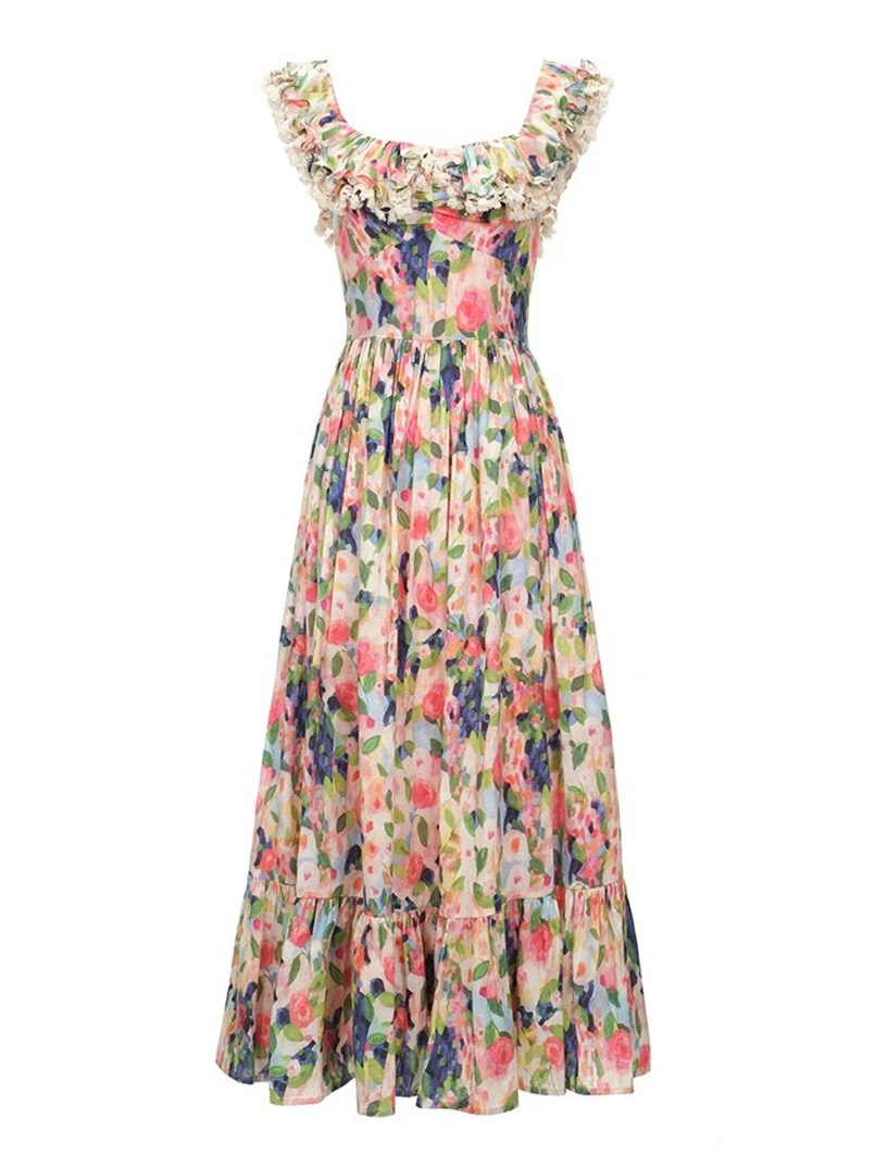 Stijlvolle bloemenprint katoenen maxi-jurken zomer fairycore kant patchwork elegante partij lange jurk dames grote kraag vestidos