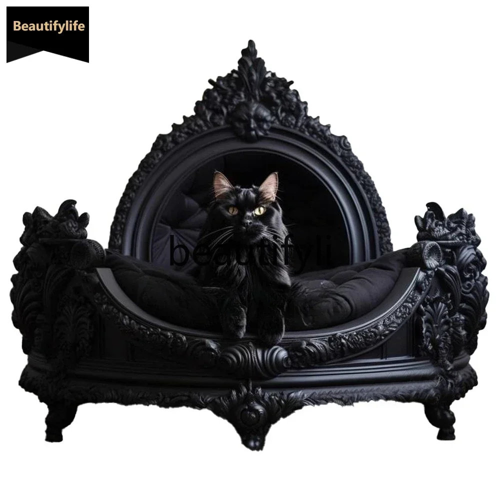 54Dark Style Cat House Dog House Indoor Solid Wood Carved Cat Bed Dog Bed Pet Furniture