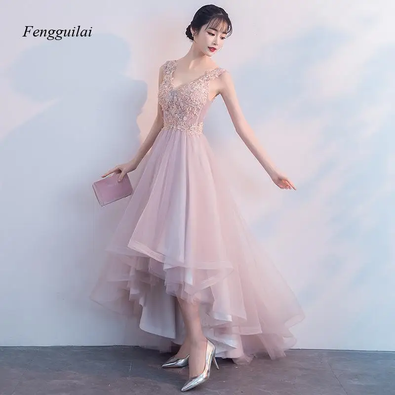 New Fairy-Like Front-Short and Back-Long Double-Shoulder Formal Banquet Pink Evening Dress for Ladies