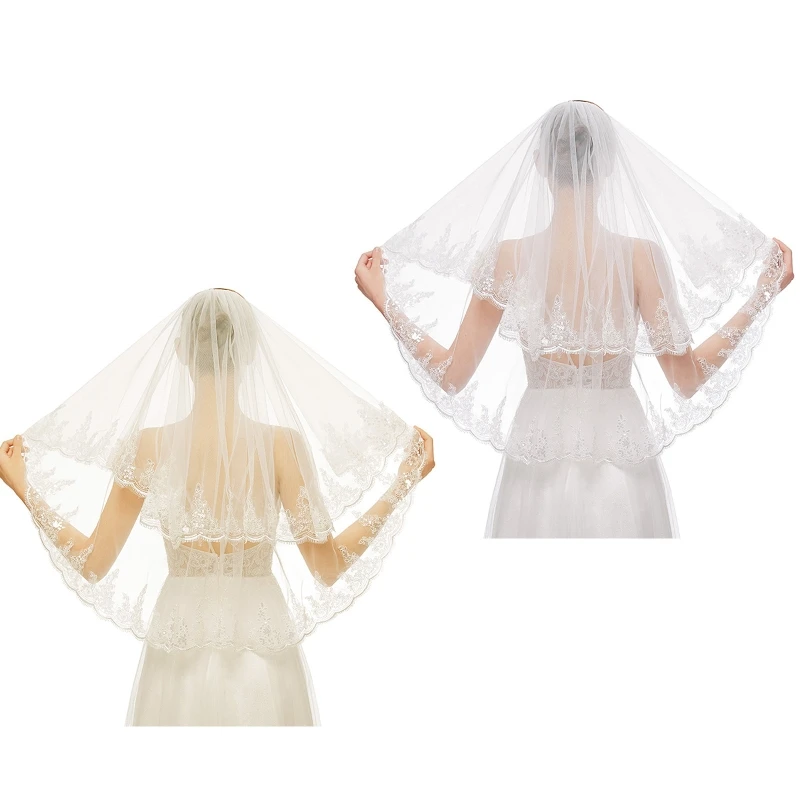 

Wedding Veil Double Layers Sequins Lace Trim Elbow Length Short Tulle for Brides