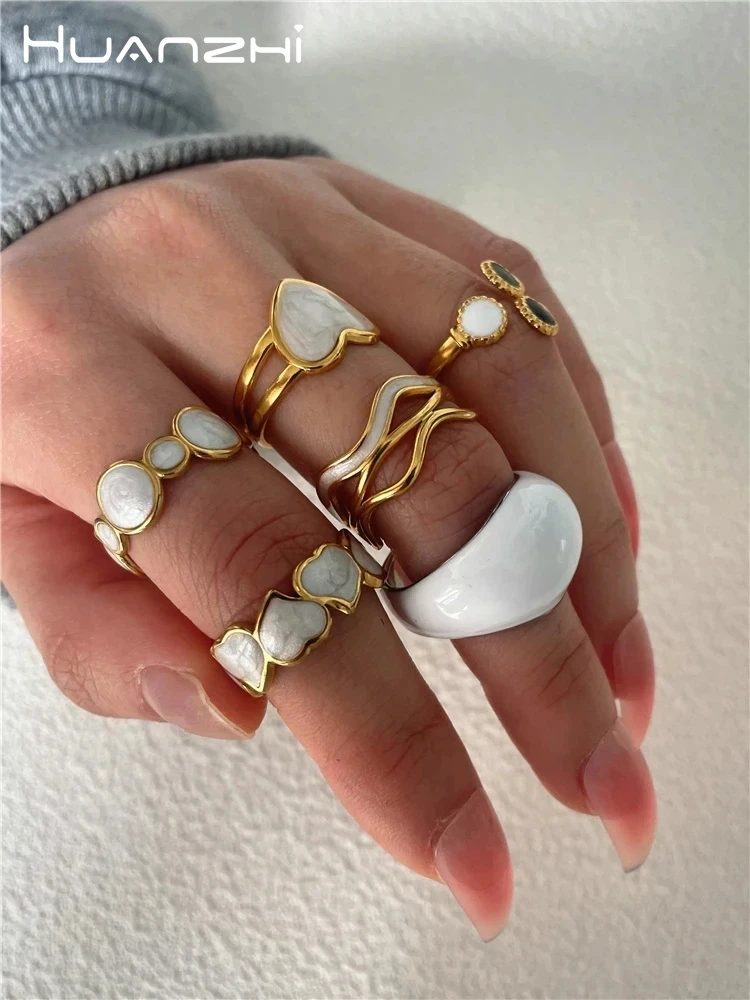 HUANZHI Silver Color Multilayer Big Rings for Women Girls Geometric Titanium Steel Irregular Chunky Rings Large Exaggerated