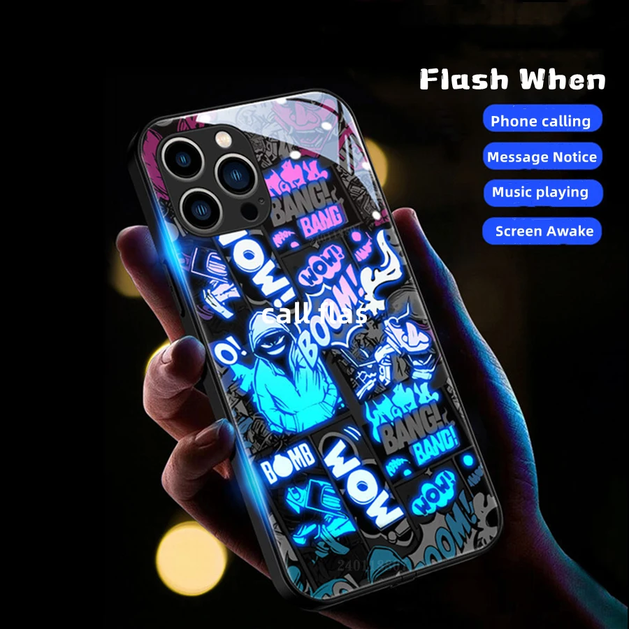 Funny Pop Art Flexible Border Phone Flash Case for iPhone 11 12 13 14 X Xs Xr 15 Pro Max 8 Plus Cool Anime Luminous Back Cover