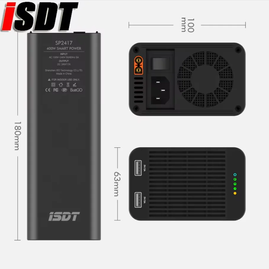 ISDT SP2417 400W/SP2425 600W/SP2433 800W caricabatteria RC ad alta potenza/interruttore controllo intelligente con ricarica USB a LED per modelli RC