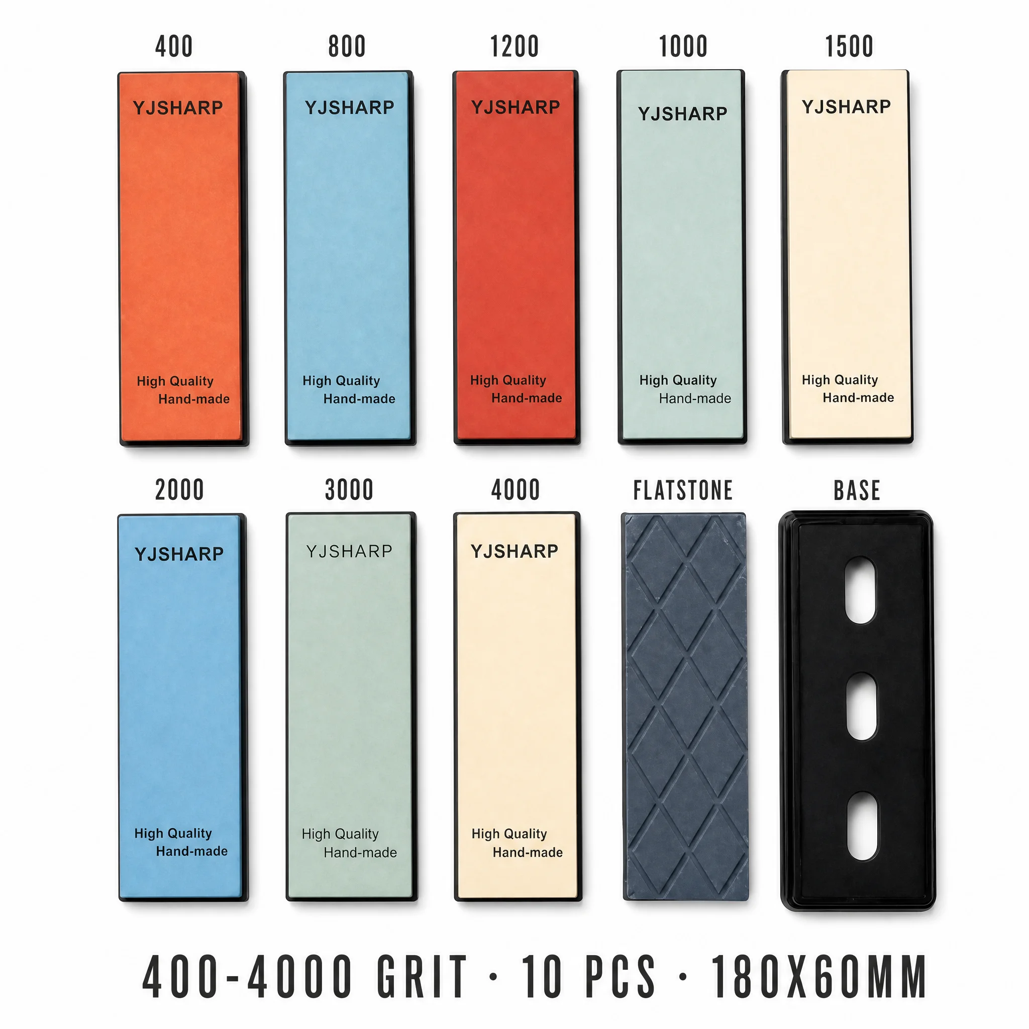 ADAEE Set di 10 Pietre per Affilare 400 800 1000 1200 1500 2000 3000 4000 Grit, Kit di Pietre per Affilare a Lato Singolo con Pietra per Livellare 180x60x28mm, Base Antiscivolo in ABS 180x60x15mm,