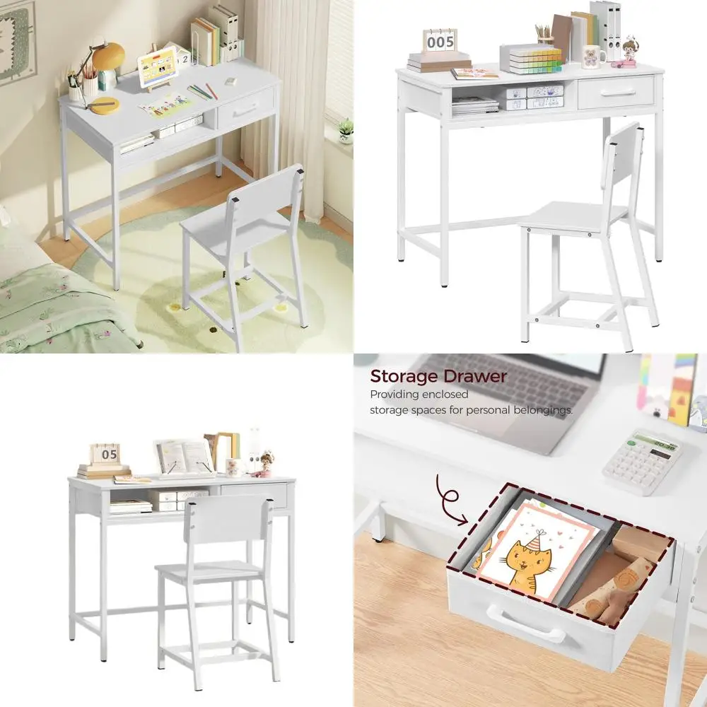 Kids Desk and Chair Set, Student Writing Desk, Kids Study Desk with Book Sorter and Fabric Drawer, Kids Wooden Study Table, for