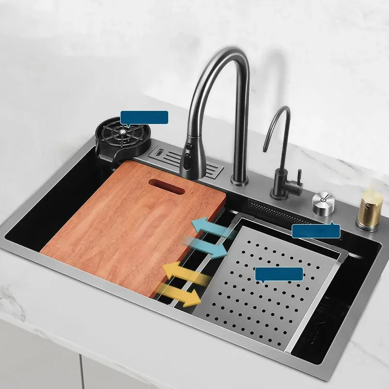 for Kitchen Flying Rain Sink with Knife Holder Nano Black Thickened Multifunctional Vegetable Dishwashing Sink Controlled