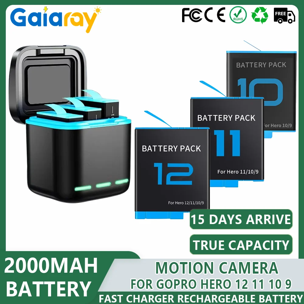 2000mAh Rechargeable Batteries For GoPro Hero 12 11 10 9 Li-ion Battery Motion Camera Battery Storage Fast Charger Rechargeable