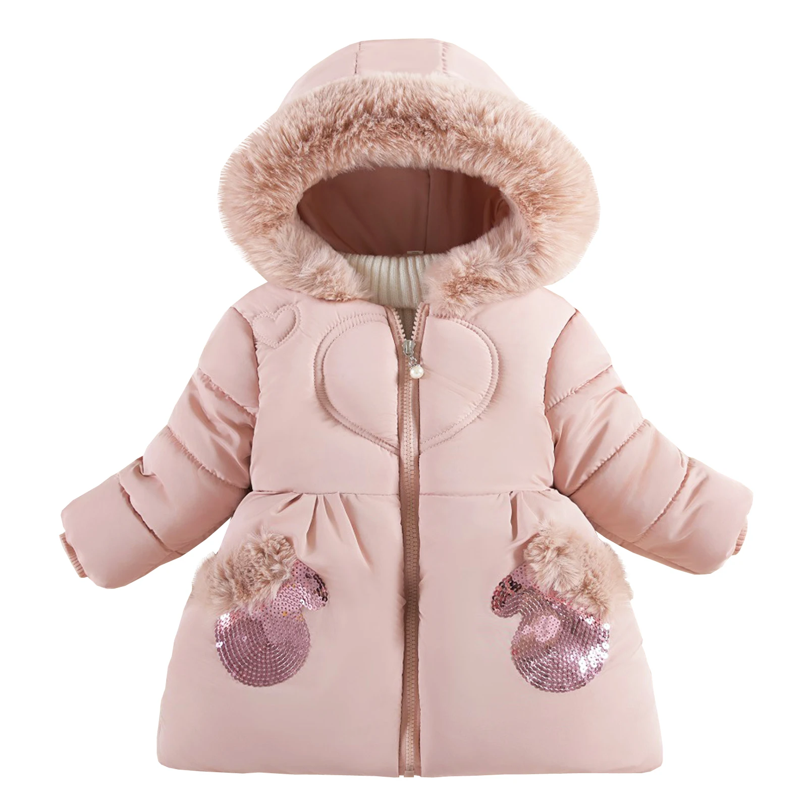 Children's Puffer Coat Toddler Winter Jacket Fur Hood Kids Down Cotton Coat Warm Fake Pearl Sequins Gloves Girls Quilted Jacket
