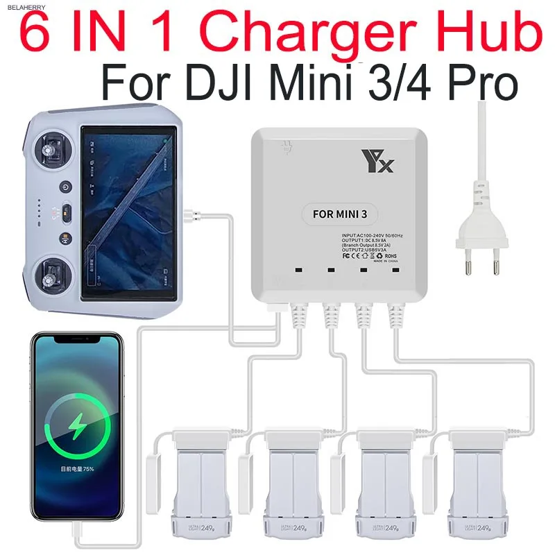 For DJI Mini 3/3 Pro/4 Pro Drone 6 in 1 Battery Charger with USB Port Remote Control Charging Hub Intelligent Multi Charger