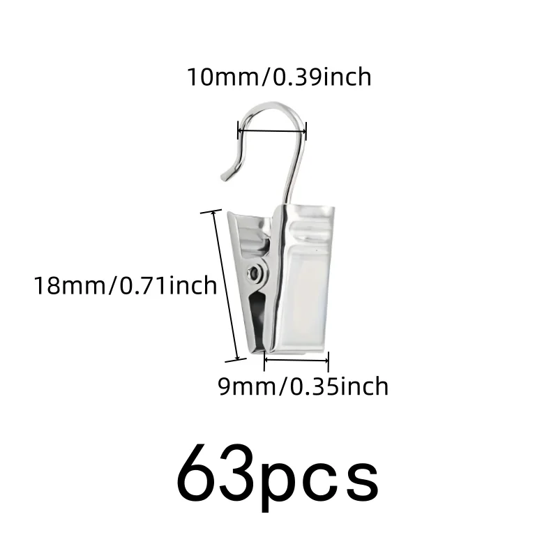 63 pcs Open-End Curtain Clips, Rust Resistant Metal for Balcony Door Drapery, Multipurpose, Versatile