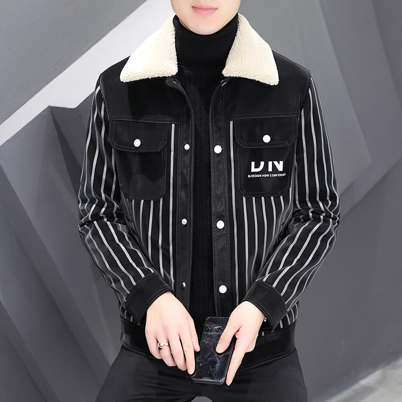 Winter New Men's Jacket Middle-aged Lapel Thickened Casual Vertical Stripe Leather Warm waterproof Jacket