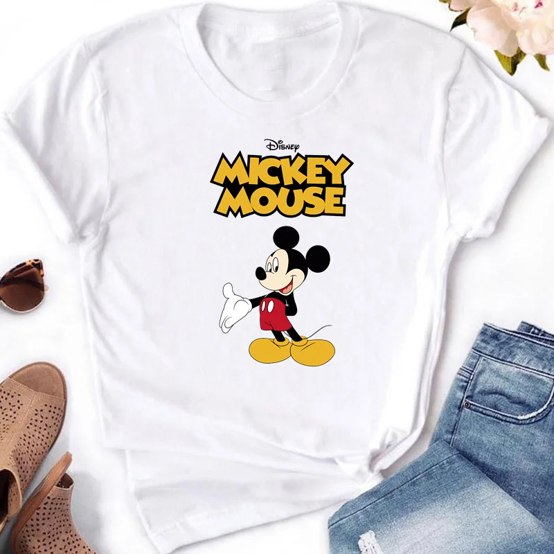 Disney Mickey Minnie Mouse Fashion Print Women White T-shirt Girl Short Sleeve Crew Neck Casual Top for Summer Women\'s Clothing