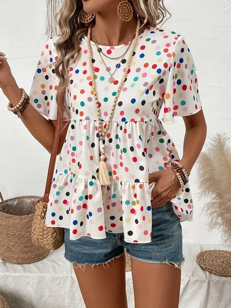 Kemeja Liburan Lengan Panjang Fashion Wanita Ukuran Besar 1XL-5XL Kemeja Blus Cetak Polka Dot Leher Kru Kasual Wanita