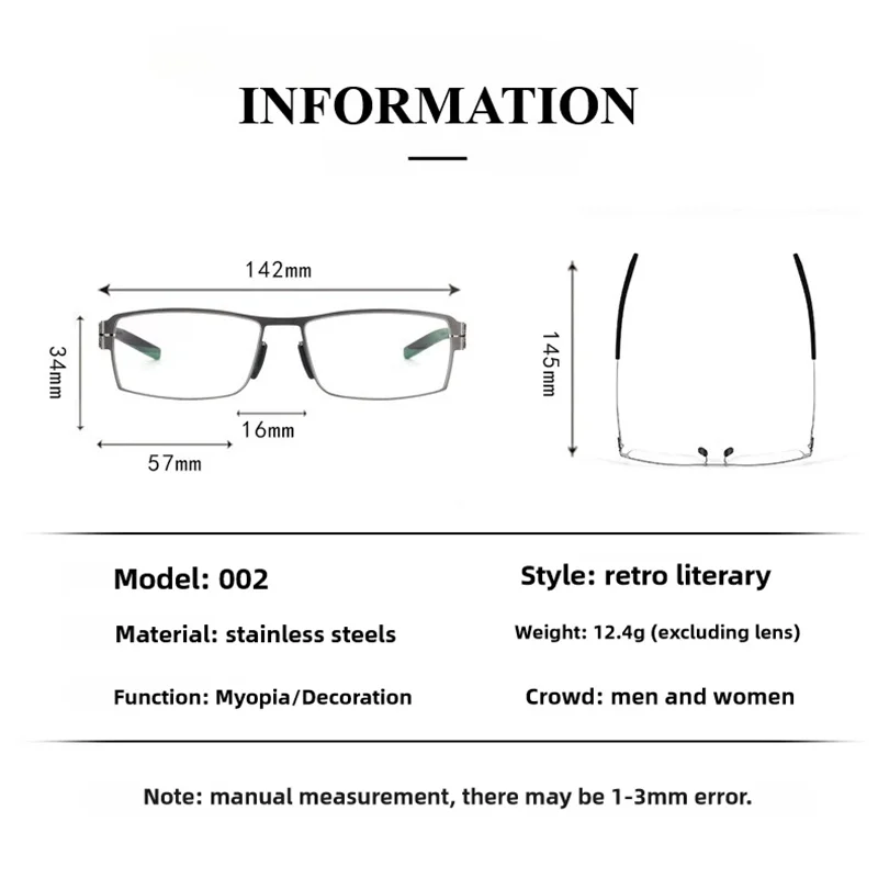 German Brand Screwless Glasses Frames Ultra light Elastic Simple Stainless Steel Square Frame Men Eyeglasses Custom Prescription