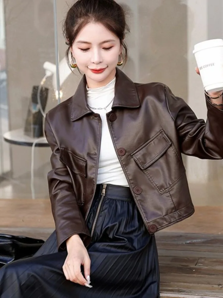 Black Short Leather Jacket with Pockets for Women Punk Motorcycle Leather Jacket Female Retro Fashion Punk Style Leather Jacket