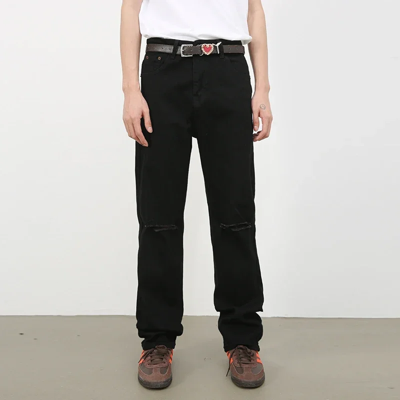 2025 Estate Nuovo Nero Jeans Strappati Uomo Coreano Moda Foro Stretch Slim Jeans Uomo Casual a vita media Pantaloni di jeans dritti Maschile