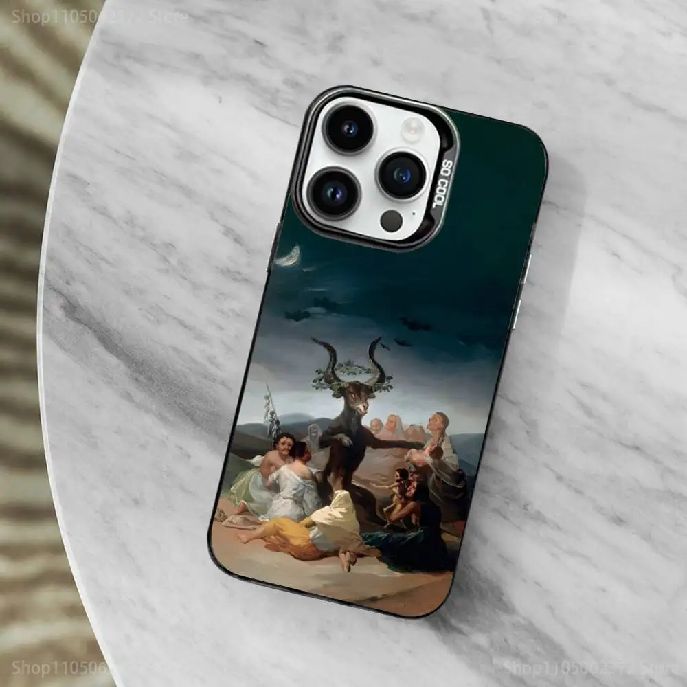 حافظة هاتف Art F-Francisco G-Goya لهاتف iPhone 11,12,13,16,14,15, Mini, Pro,XS,MAX غطاء أسود غير لامع مقاوم للصدمات