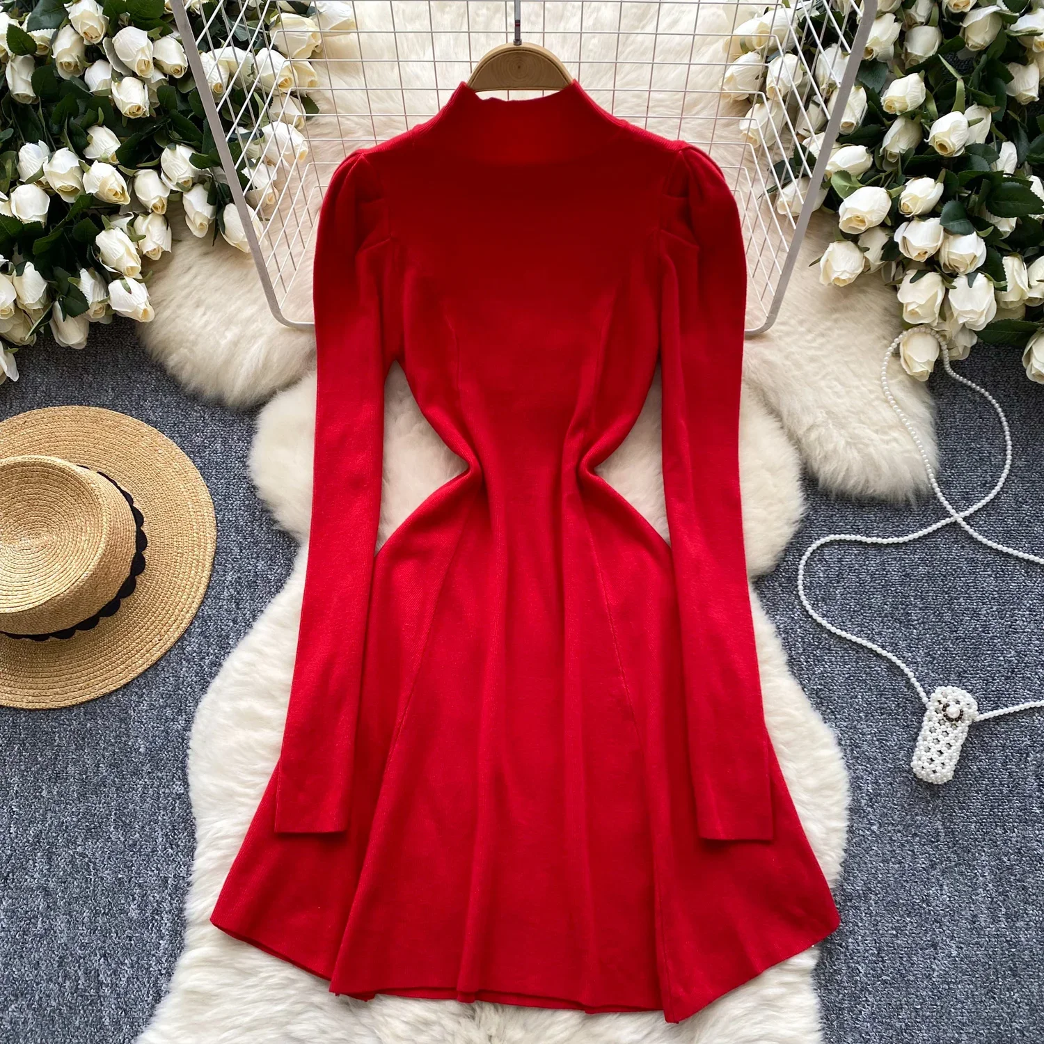 Vintage Half High Collar Elegant Long Sleeve Slim Knit A-line Dresses Korean Evening Basics Women Fashion Autumn Winter Clothing