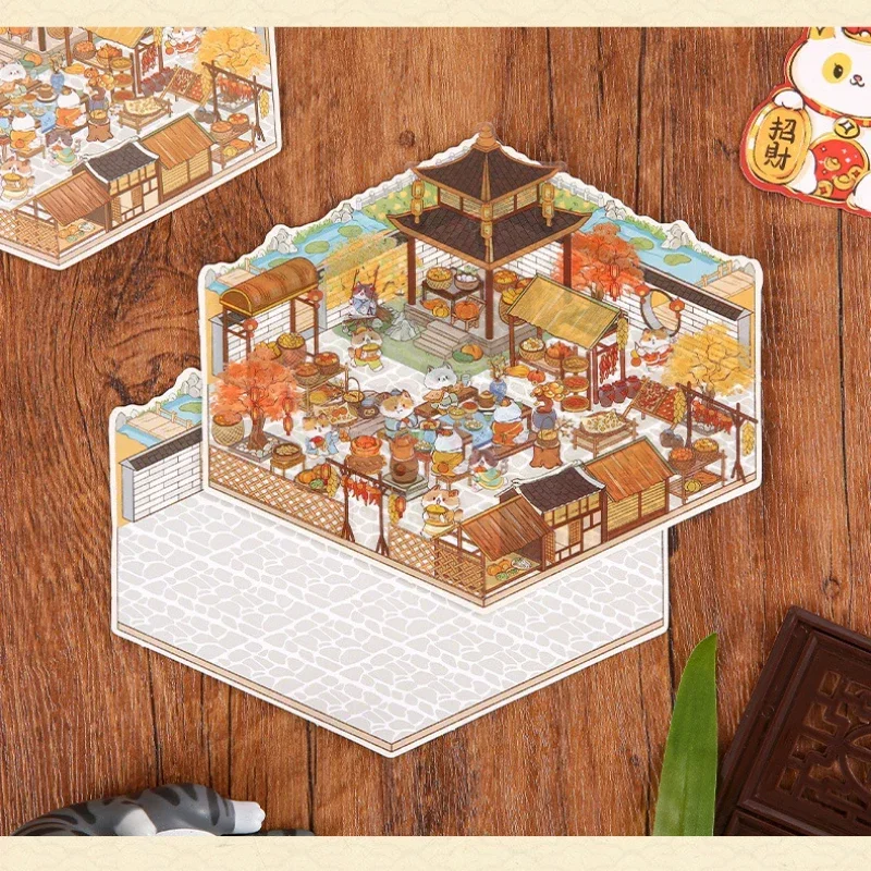 DIY Cartoon Cat Leisure Life In 4 Seasons Landscape Sticker 3D Pocket Cabin Scene Stacking Pasting Stickers Gift For