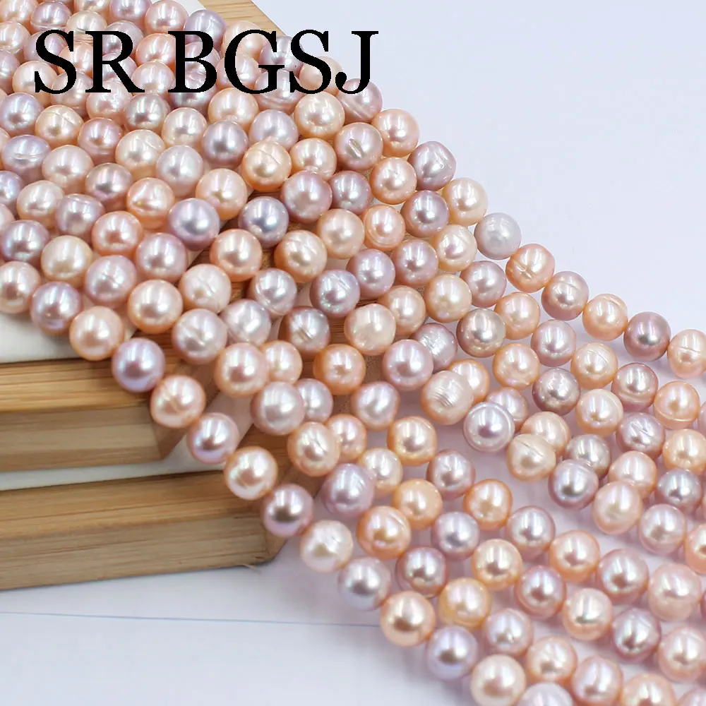 

9-10mm Real 100% Round Pink Purple Real Natural Freshwater Pearl DIY Jewelry Loose Beads 15"