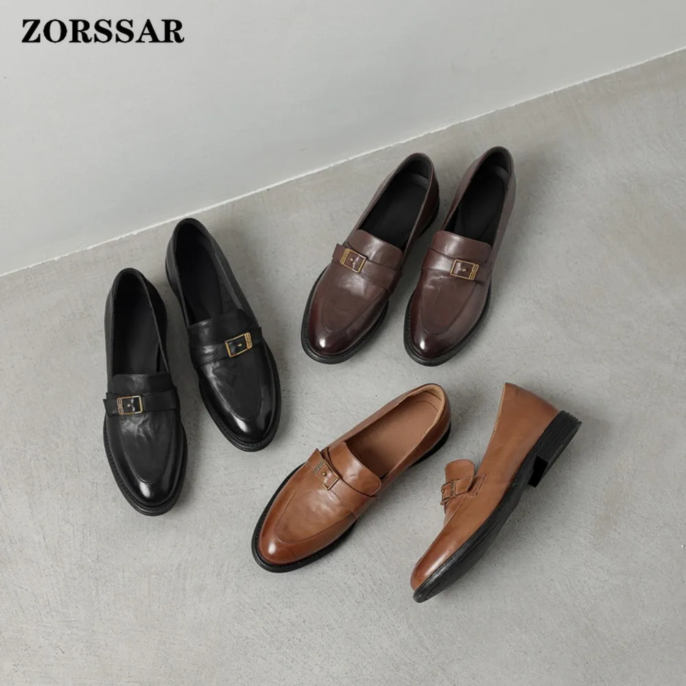 Women's Retro Buckle Loafers Flats Genuine Leather Slip on Shoes Comfortable Office Work Ladies Footwear Vintage Brown 2026 New