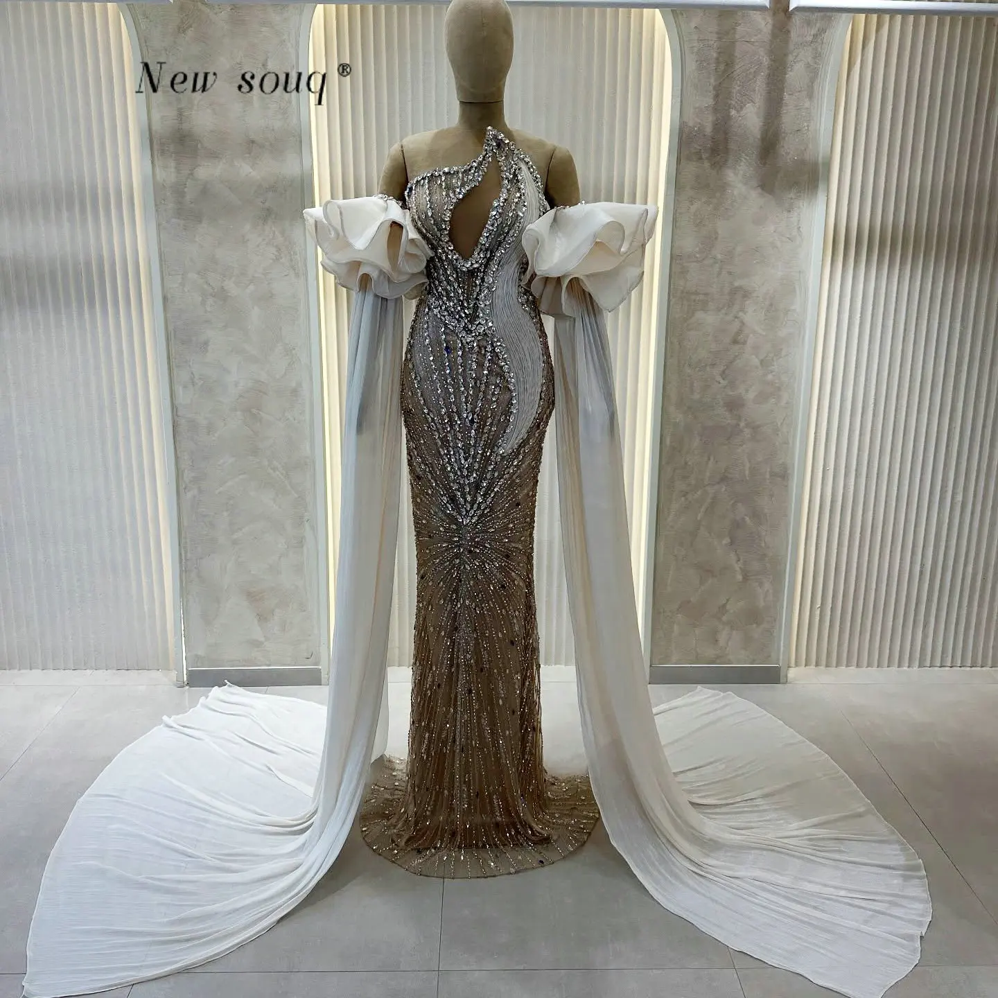 

Nude Champagne Crystals Stones Strapless Long Mermaid Evening Dresses with Detachable Sleeves Luxury Party Gowns Customized