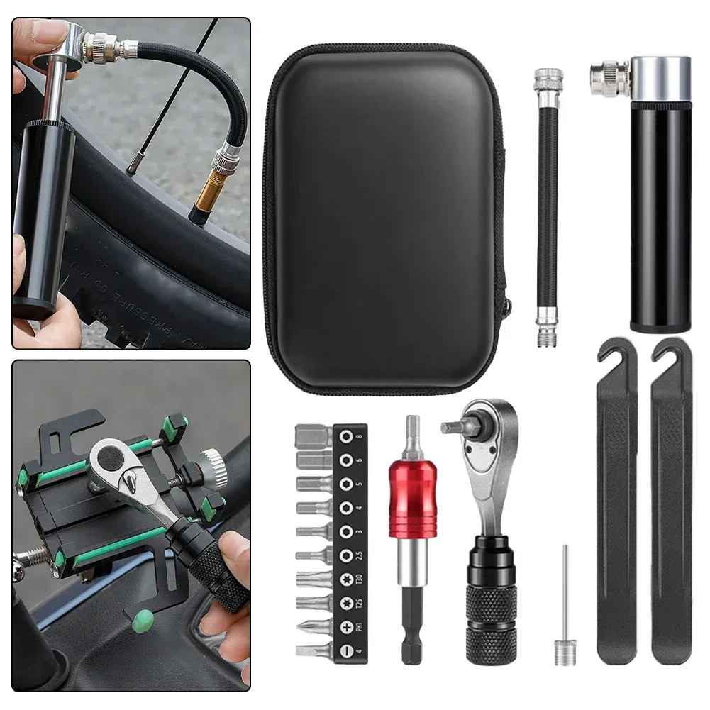 1 Set Bicycle Multifunctional Aluminum Ratchet Wrench Screwdriver Set Repair Tool Kit Package Maintenance