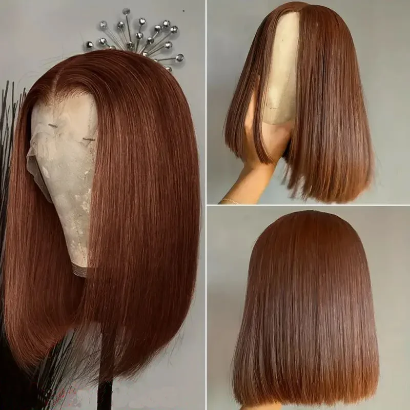 180% Color #4 Dark Brown Bob Wigs Straight 13x4 Lace Front Wig Free Part 8-16 Indian Human Hair Pre-plucked For Woman