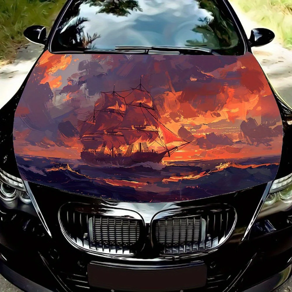 ملصق غطاء محرك السيارة على شكل قارب إبحار عند غروب الشمس - ملصق لف من الفينيل المتين مع معظم المركبات، مادة فينيل خارجية عالية الجودة