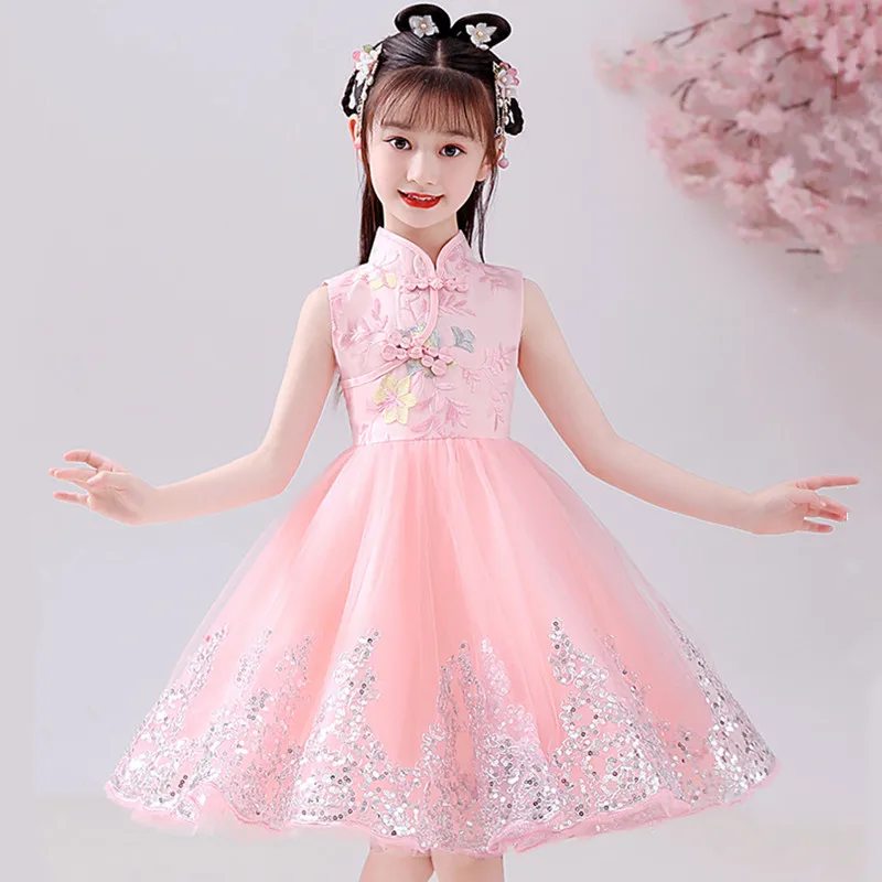 Summer Cheongsam Costume Girl Dress Vestidos Baby Qipao Princess Kids Dress Children Clothes Casual Girls Outfits Robe Fille