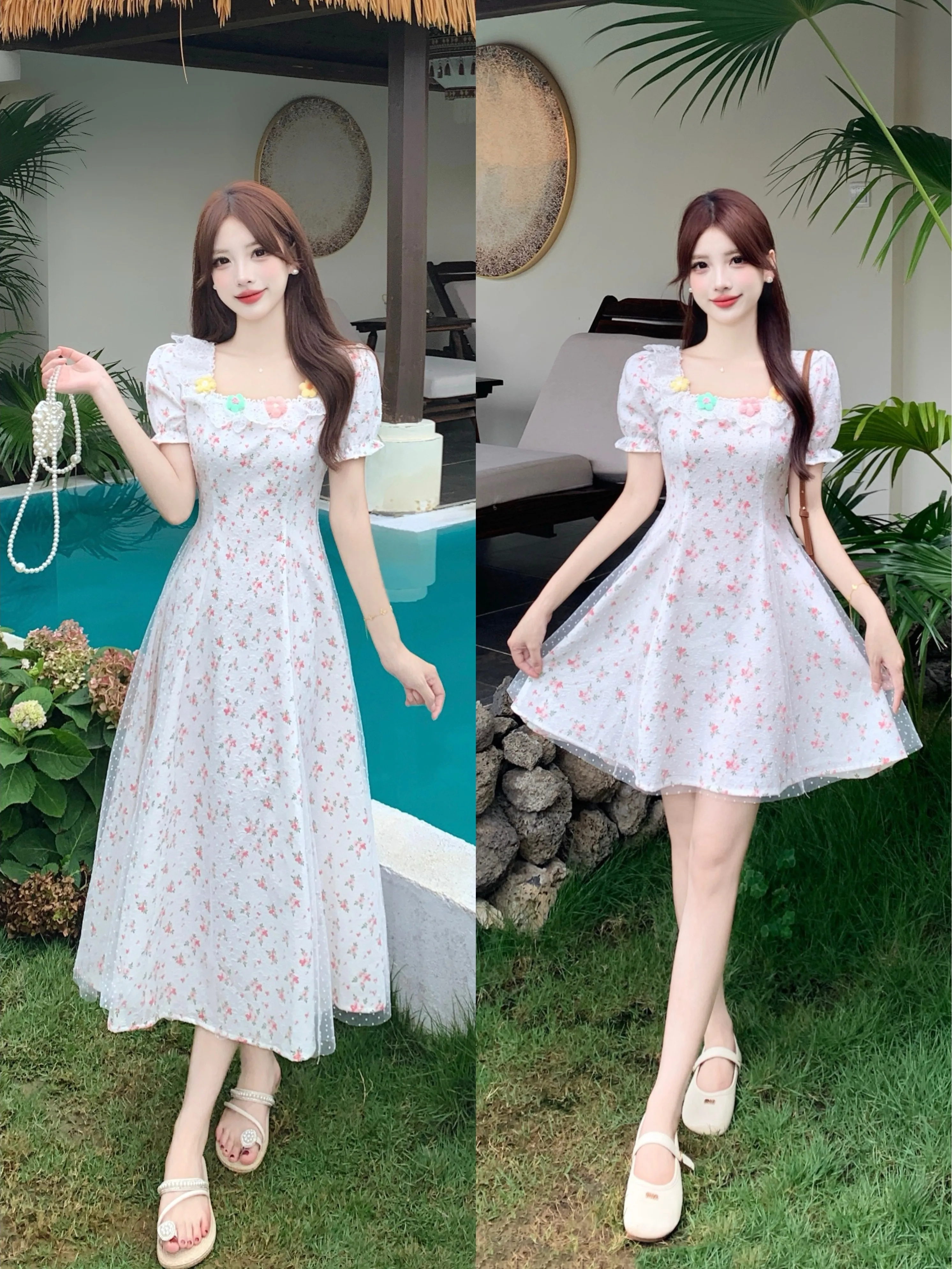 

plus Size Women's Pink Lace Floral Bubble Sleeve Dress Summer New Waist Cinched Beautiful A-Line Skirt Sweet Style High Waist