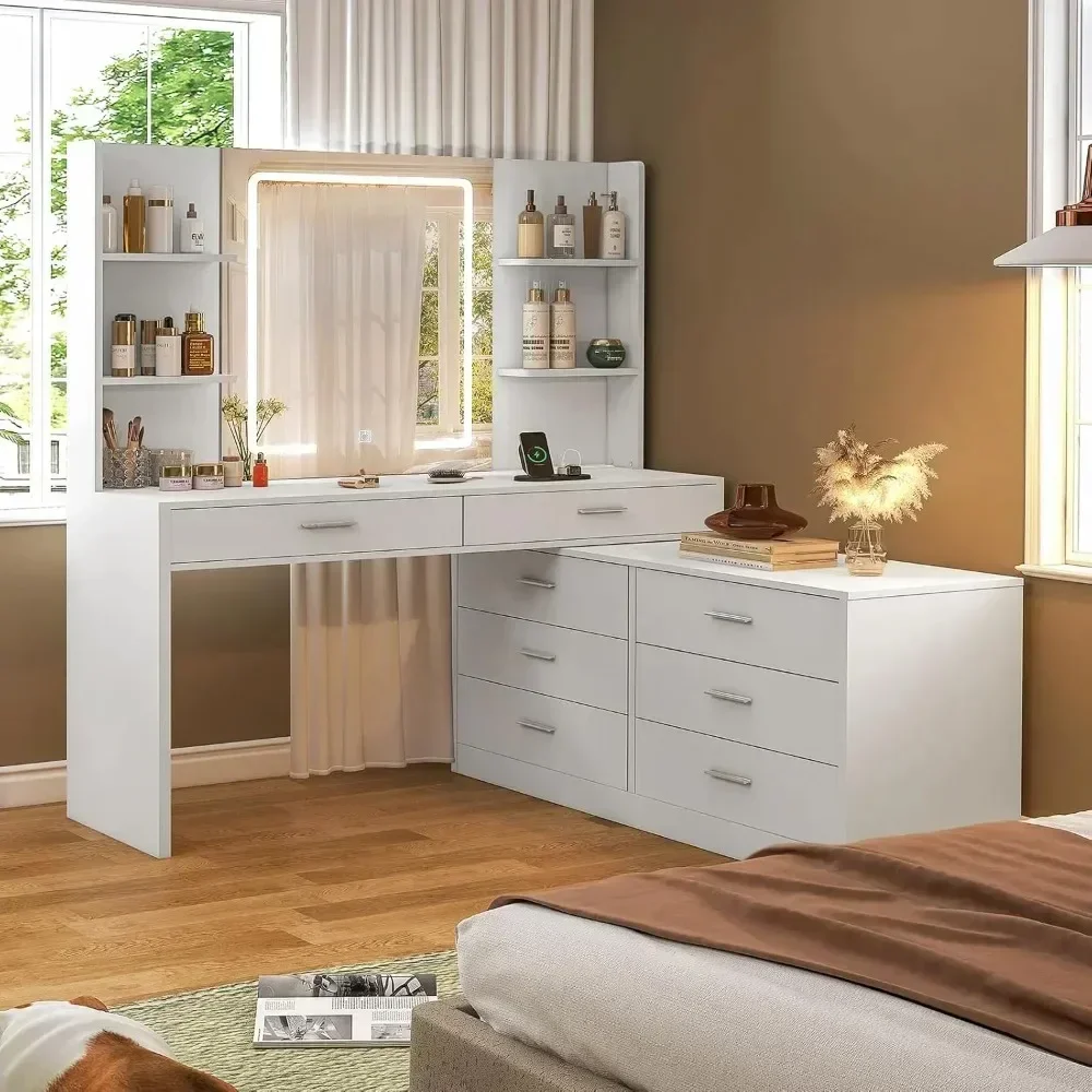 

Vanity Makeup Desk with LED Light Mirror & Power Outlet, 8 Drawers, 6 Storage Shelves, 3 Color Modes,L Shape,White