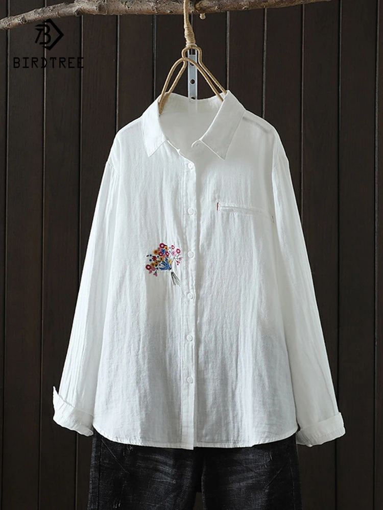 

New 2025 Autumn Cotton Yarn Long Sleeve Shirt, Women Turn-down Collar Embroidery, Mori Girl OL Versatile Loose Blouse T59183CC