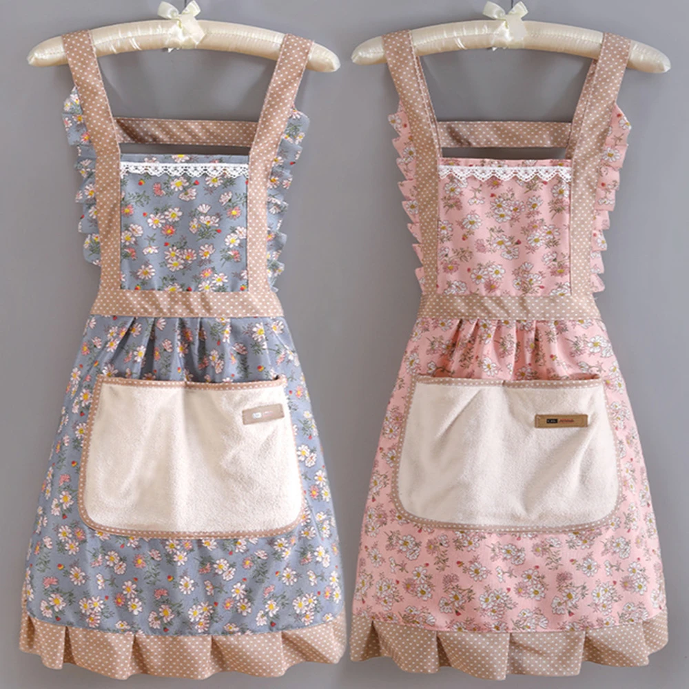 1PC Lovely Canvas Apron Female Household Kitchen Cooking Antifouling Breathable Wear Cleaning Suitable