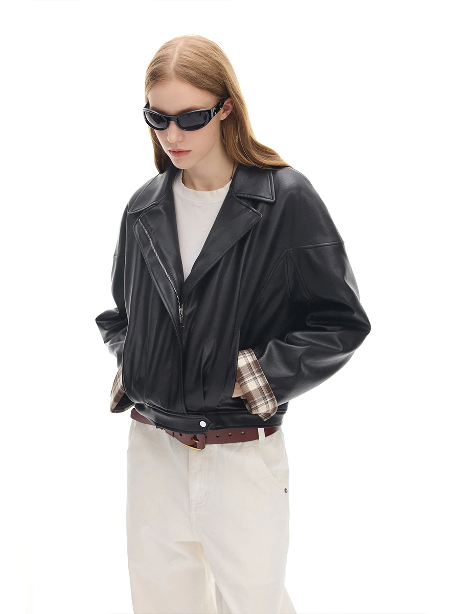 Retro xadrez motociclista couro jaet gola feminina design emenda outerwear couro do plutônio longo sve fechamento com zíper ajuste regular
