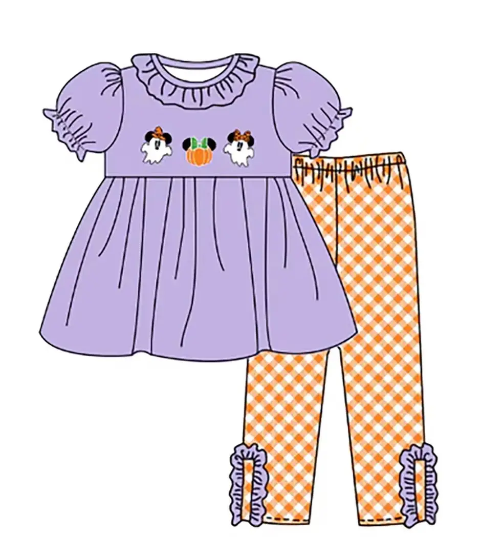 Kids Halloween Outfits Boys Girls Ghost Pumpkin Short Sleeve Tee Orange Gingham Plaid Pants Set Dress Bloomers Romper