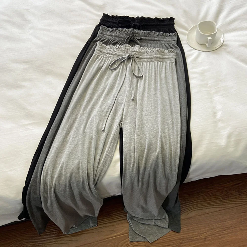 Spring Summer High-Waist Bloom Modal Women's Wide Leg Pants Loose Casual Home Belted Floor-Length Trousers Korean Style Pants