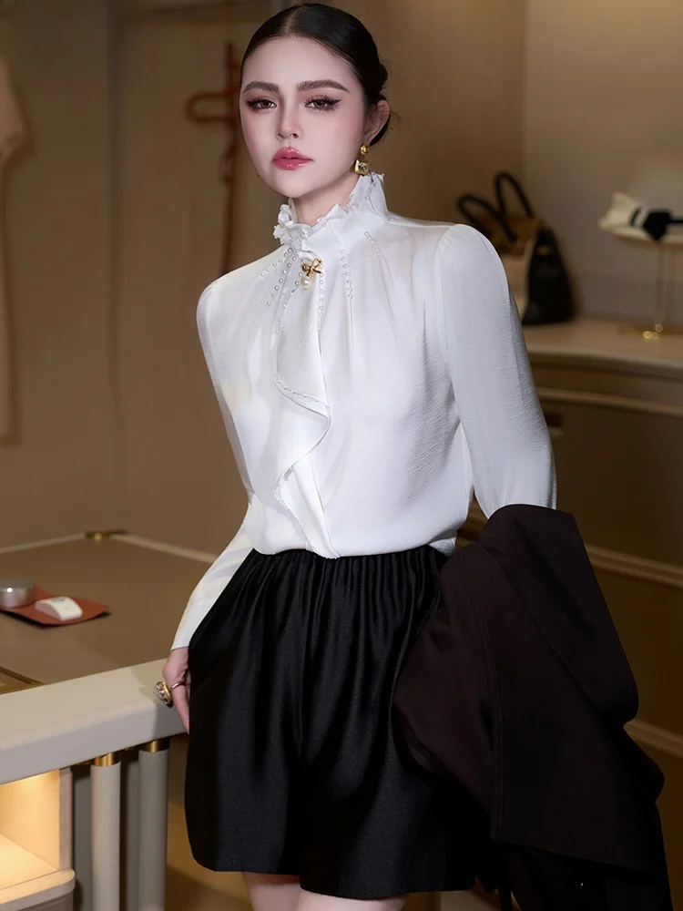 

Original Wooden Collar Long Sleeve Women's Shirt Professional Style Spring Fashion Design Sensation Career Top