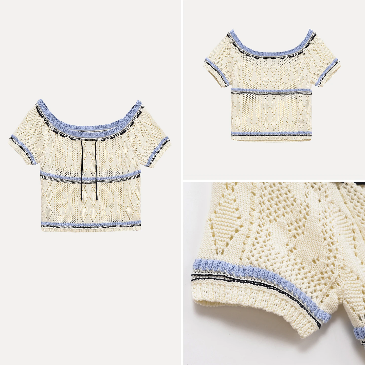 2025 Summer New Women's Hollow out Color Blo Belted ort Sve Knitted Sweater Z Commute Sle Slim Fit Polyester Fiber