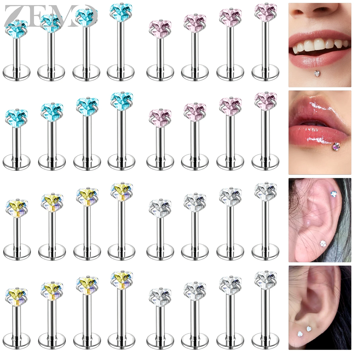 

ZEMO 1 Pair 16/18G Stainless Steel Lip Studs Women Heart CZ Crystal Labret Lip Piercing Internal Thread Ear Helix Lobe Piercings
