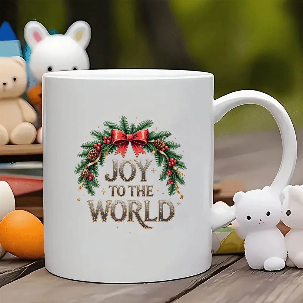 

11oz Mug Christmas Themed Mug World of Joy in Gold Lettering Bow Pine Branch Decoration Gold Star Accents R