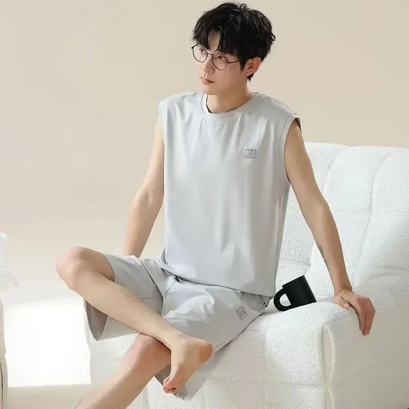 2 Pieces Set Men's Summer Modal Pajamas Set Big Size L-3XL Sleeveless Sleeping Tops Pants Sleepwear Male Casual Nightwear pyjama