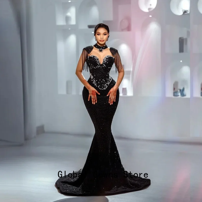 Elegantes Abendkleid mit langen Pailletten, Vestido de Festa, Meerjungfrau-Partykleider, schwarz, transparente Netzärmel, Quasten, Perlen, Ballkleider