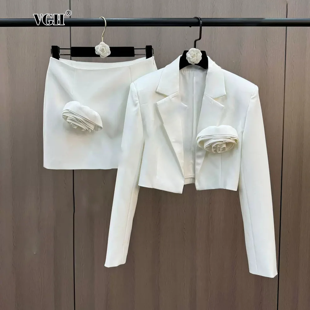 

VGH Solid Elegant Two Piece Set For Women Lapel Long Sleeve Spliced Appliques Coats High Waist Mini Skirt Office Outfits Female